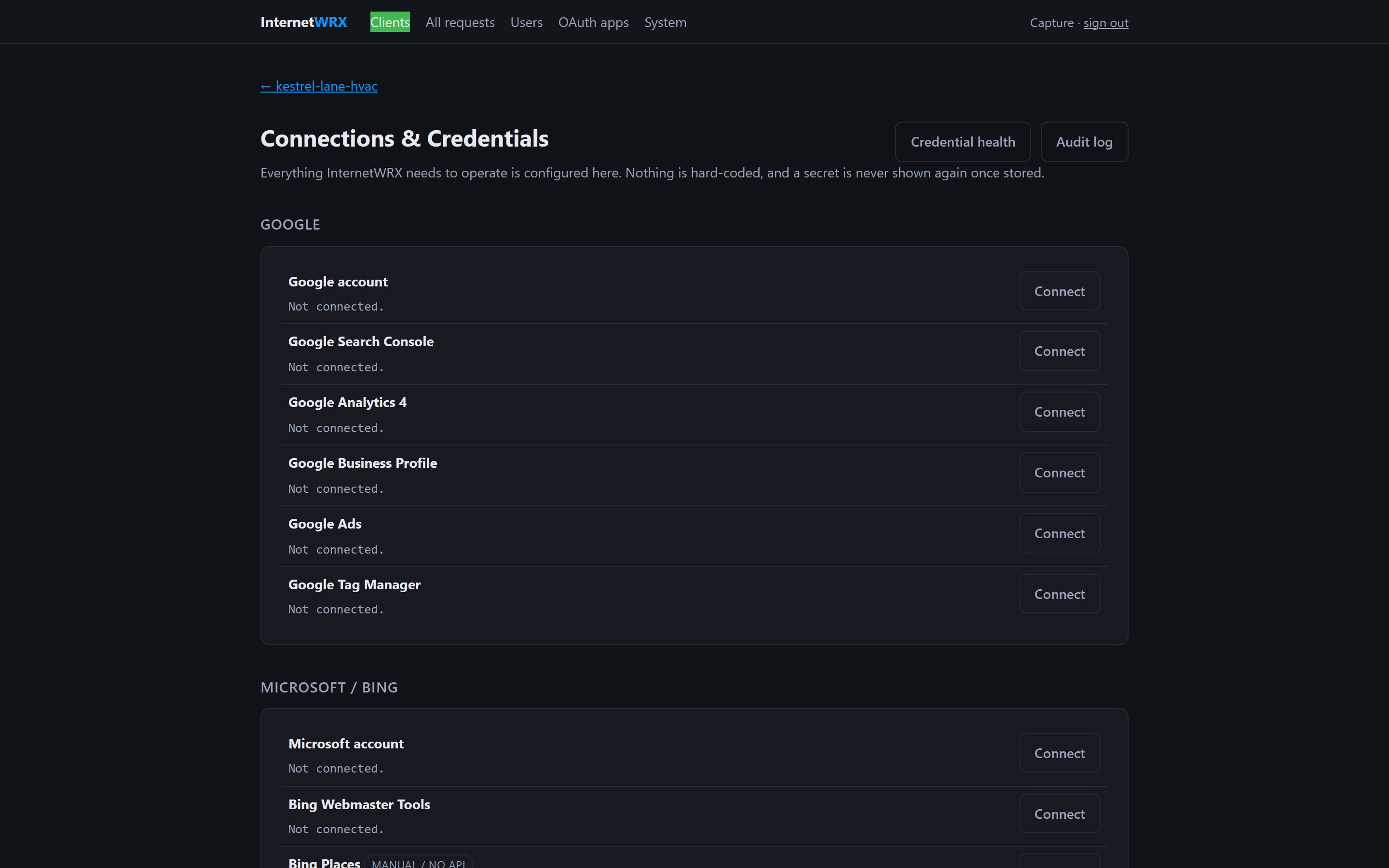 The InternetWRX credential vault listing integrations by category, each with an honest connection status.