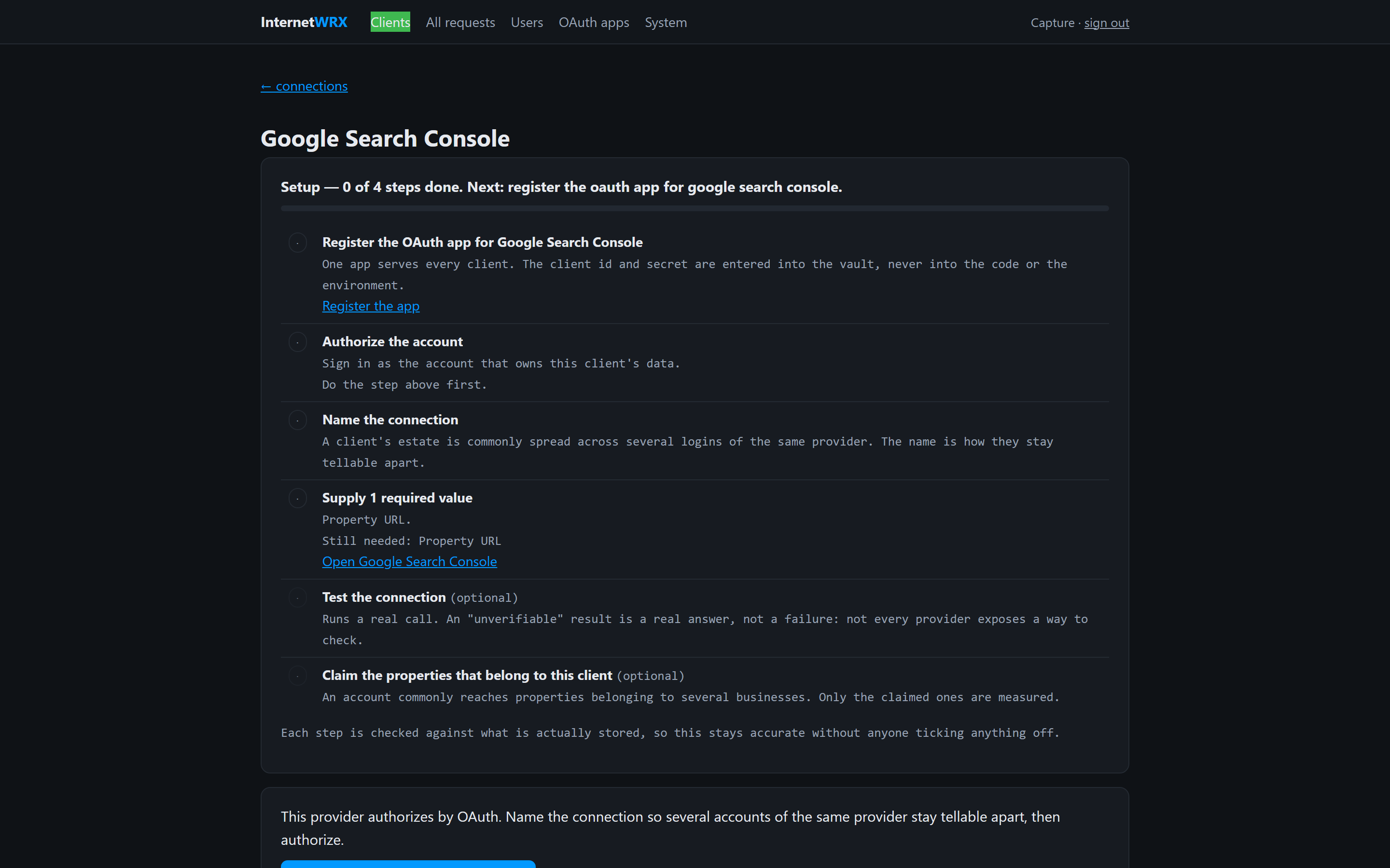 The InternetWRX setup screen for Google Search Console, listing the remaining steps and what each one needs.
